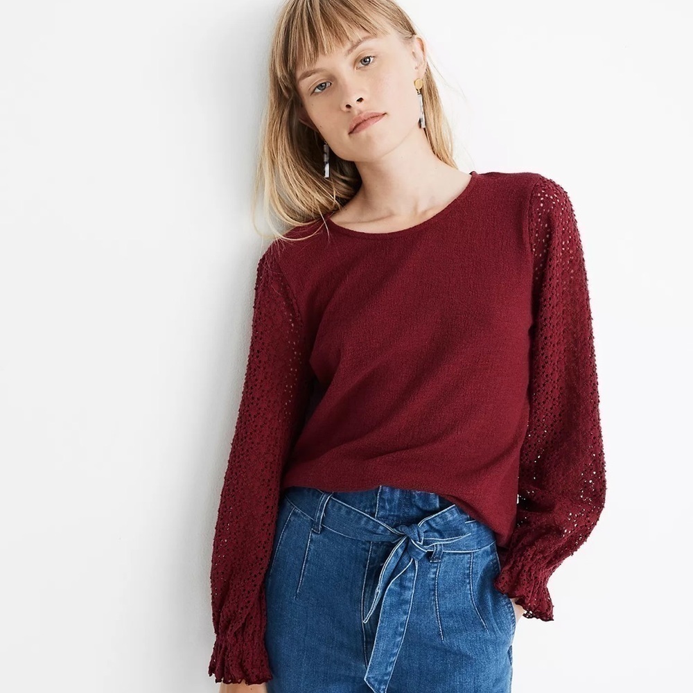 Madewell Texture & Thread Eyelet Mix Ruffle-Sleeve Top Size S NWT